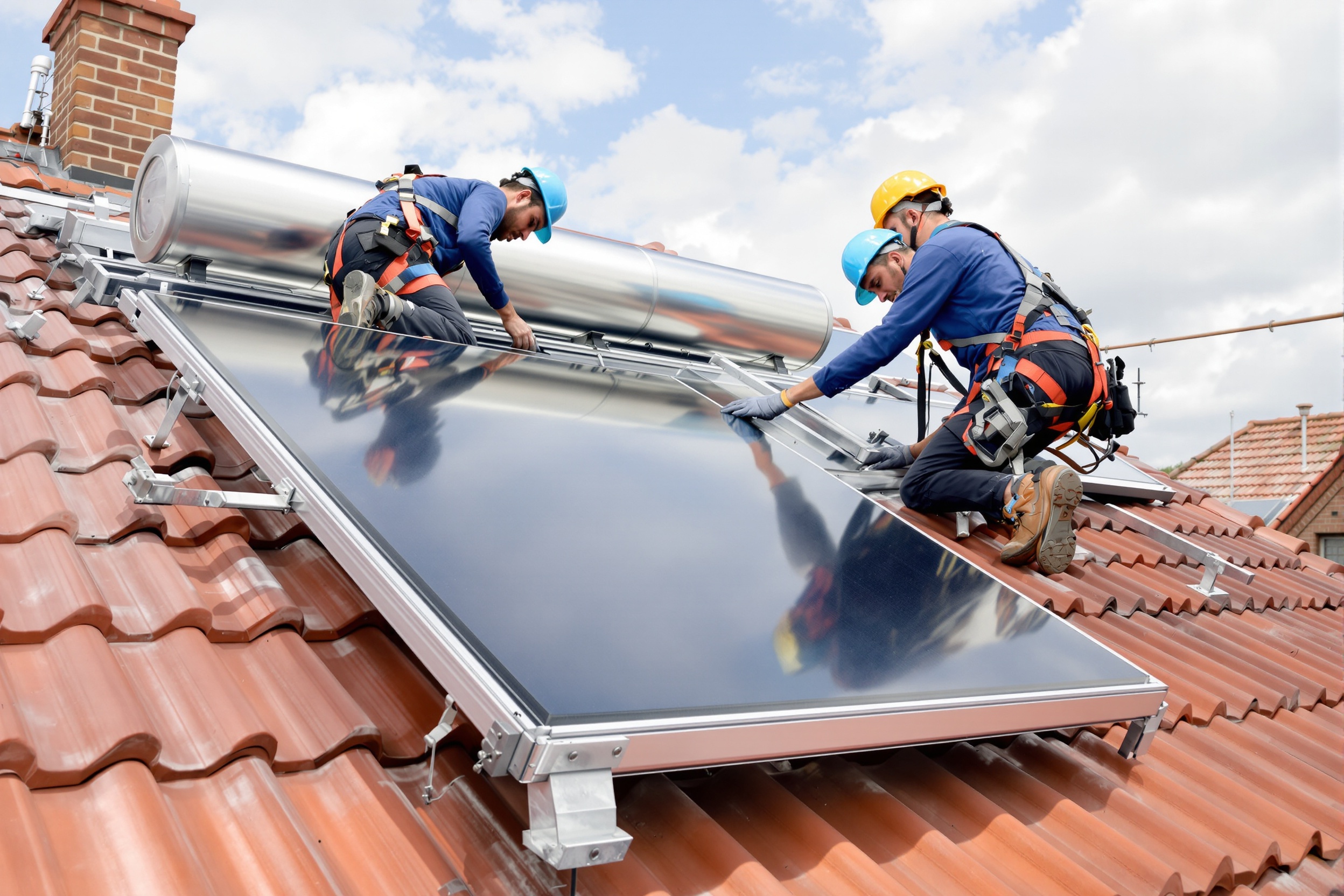 Solarkollektoren werden auf einem Ziegeldach montiert